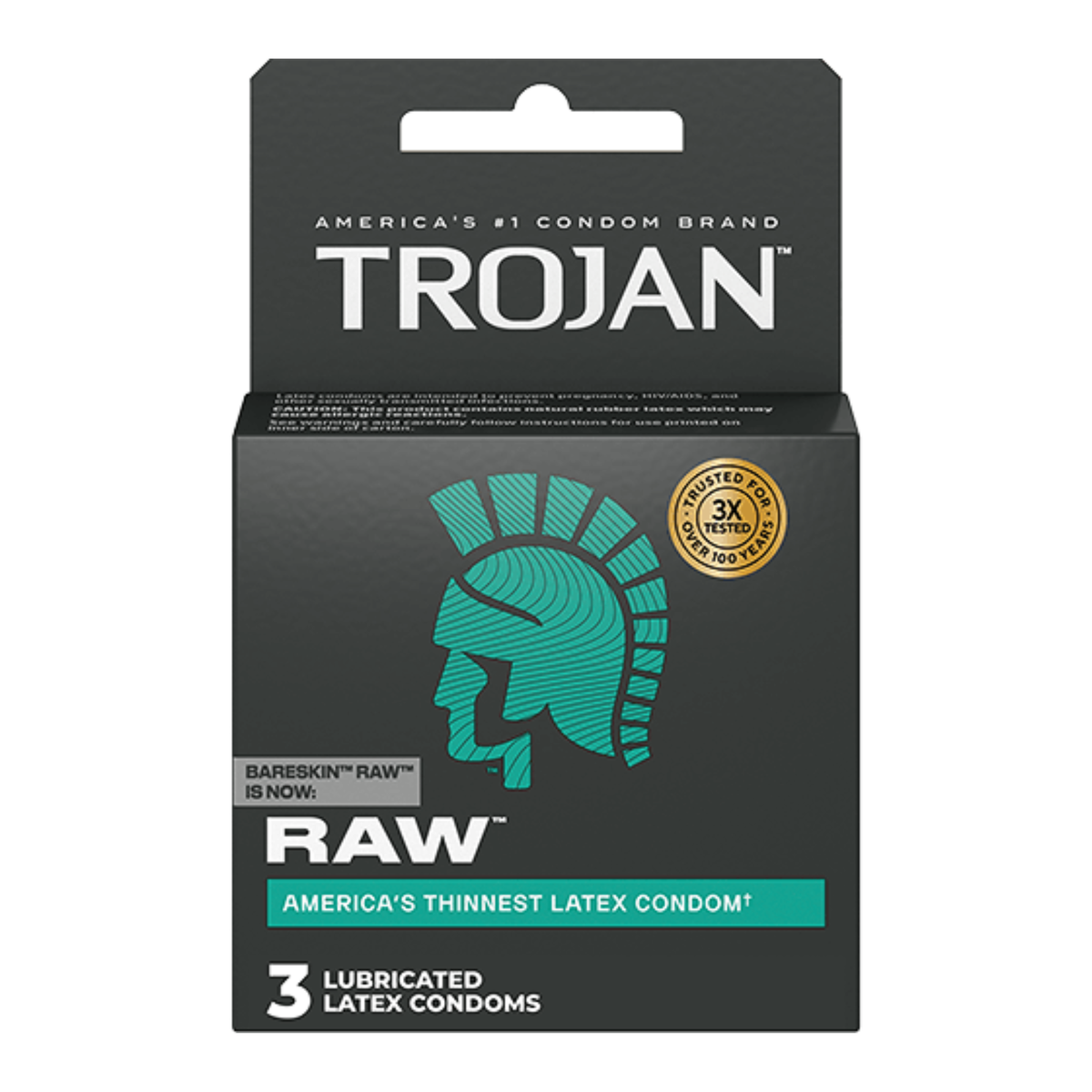 A retail box for Trojan Raw condoms against a clean white background. The upper portion of the black cardboard box features the white "TROJAN" logo below the tagline "AMERICA'S #1 CONDOM BRAND." The center features a stylized Trojan helmet logo in a vibrant teal color, next to a circular gold seal that reads "TRUSTED FOR OVER 100 YEARS • 3X TESTED." A small banner notes "BARESKIN™ RAW™ IS NOW: RAW™" directly above the main product name. 