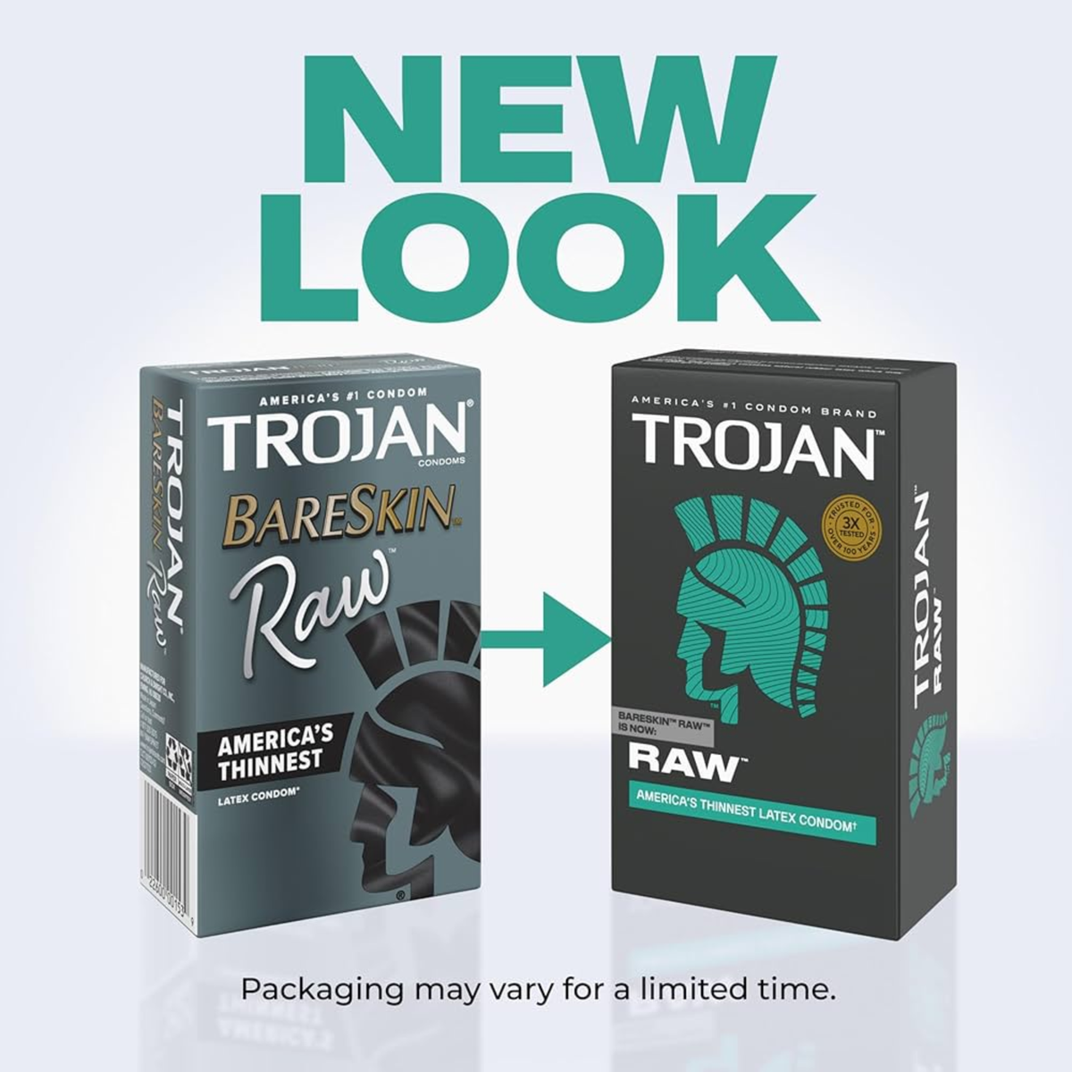 A promotional graphic titled "NEW LOOK" in bold teal letters, illustrating a packaging update. On the left is the previous grey box branded as "Trojan BareSkin Raw" with a black-and-grey textured helmet graphic. An arrow points to the right, showcasing the updated matte black box with the simplified "RAW" branding and the solid teal helmet logo. A disclaimer at the bottom reads, "Packaging may vary for a limited time."