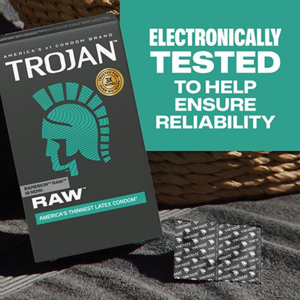 A promotional image with the text "ELECTRONICALLY TESTED TO HELP ENSURE RELIABILITY" in bold white letters over a teal backdrop. On the left, a box of Trojan Raw condoms leans against a woven basket. Below it, on a dark grey textured towel, sit two individually wrapped condom foils in black with repeating white Trojan helmet patterns.