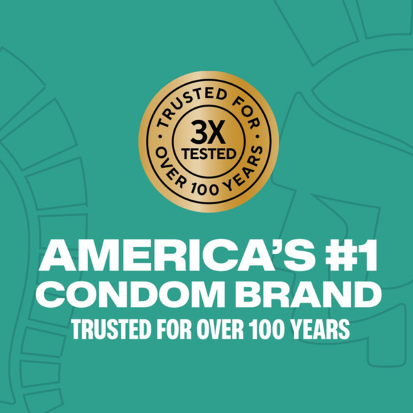 A graphic centered on a gold metallic circular seal that reads "TRUSTED FOR OVER 100 YEARS • 3X TESTED." The background is a solid teal color with a faint, large outline of the Trojan helmet logo. Large white text below the seal reads "AMERICA'S #1 CONDOM BRAND TRUSTED FOR OVER 100 YEARS."