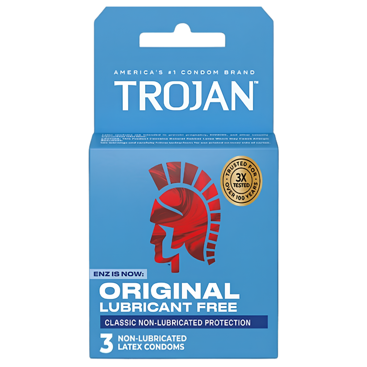 Front view of a light blue Trojan condom box. It features a red Trojan helmet logo and states "ENZ IS NOW: ORIGINAL LUBRICANT FREE." At the bottom, it notes "3 NON-LUBRICATED LATEX CONDOMS.