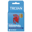 Front view of a light blue Trojan condom box. It features a red Trojan helmet logo and states "ENZ IS NOW: ORIGINAL LUBRICANT FREE." At the bottom, it notes "3 NON-LUBRICATED LATEX CONDOMS.