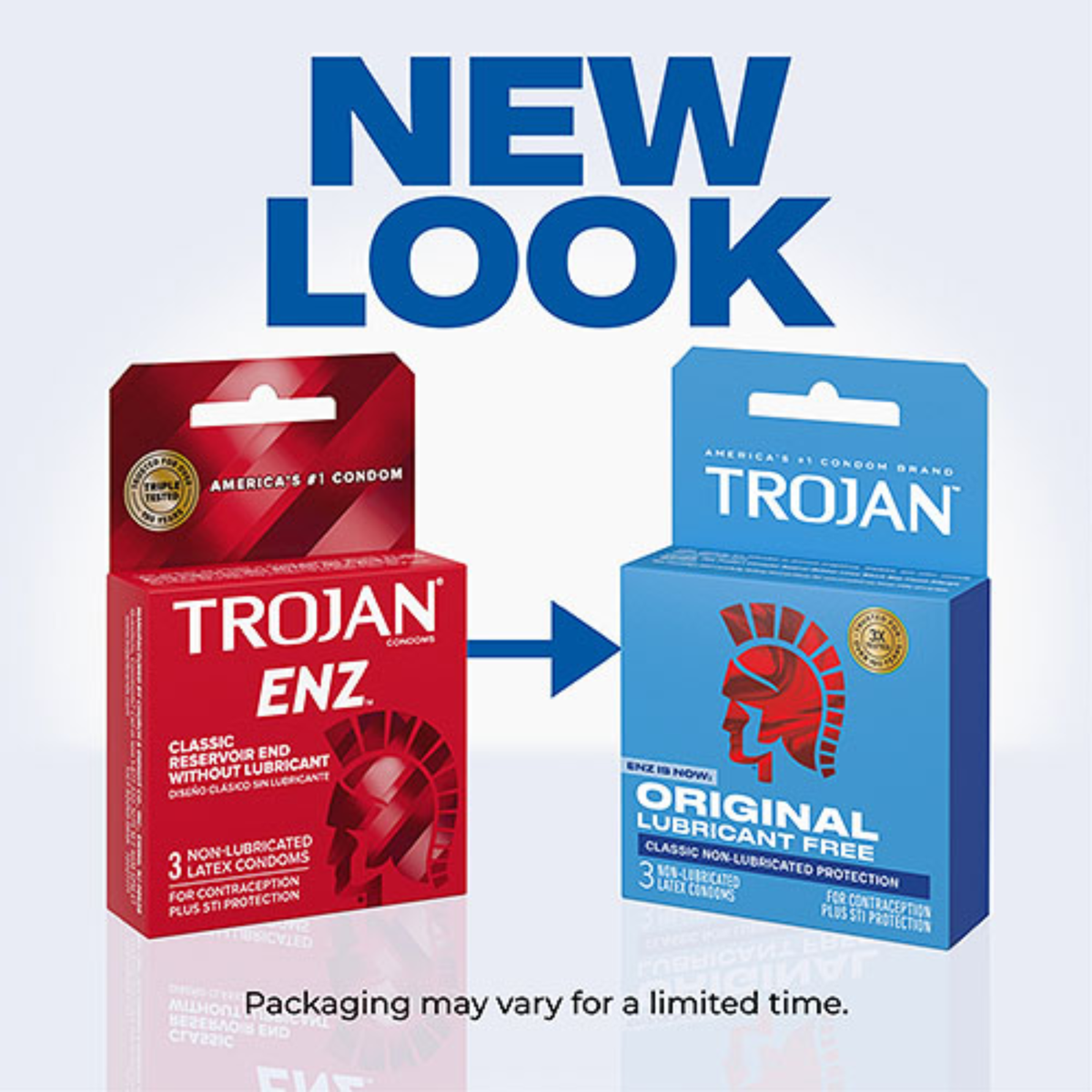 A "New Look" comparison graphic showing the transition from the old red "ENZ" box on the left to the new light blue "ORIGINAL LUBRICANT FREE" box on the right.