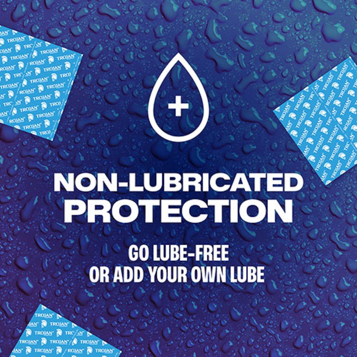 A blue background covered in water droplets with a white drop icon containing a plus sign. The text reads: "NON-LUBRICATED PROTECTION: GO LUBE-FREE OR ADD YOUR OWN LUBE." Blue foil wrappers are visible in the corners.