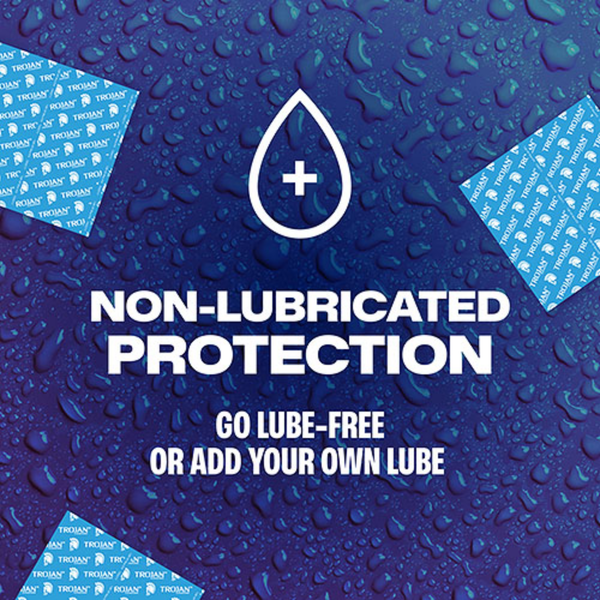 A blue background covered in water droplets with a white drop icon containing a plus sign. The text reads: "NON-LUBRICATED PROTECTION: GO LUBE-FREE OR ADD YOUR OWN LUBE." Blue foil wrappers are visible in the corners.