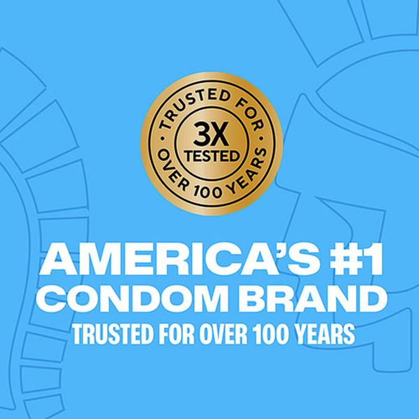 A blue background featuring a gold seal that says "3X TESTED, TRUSTED FOR OVER 100 YEARS." Below the seal, large white text reads: "AMERICA’S #1 CONDOM BRAND."
