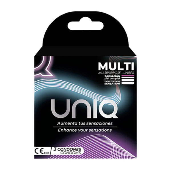 UNIQ Multi condoms enhance your sensations packaging, 3 pack