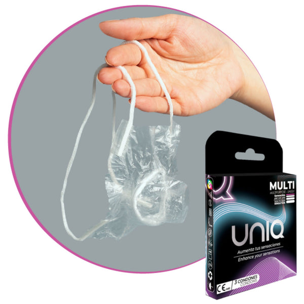UNIQ Multi condom with pull strips and product packaging, 3 pack