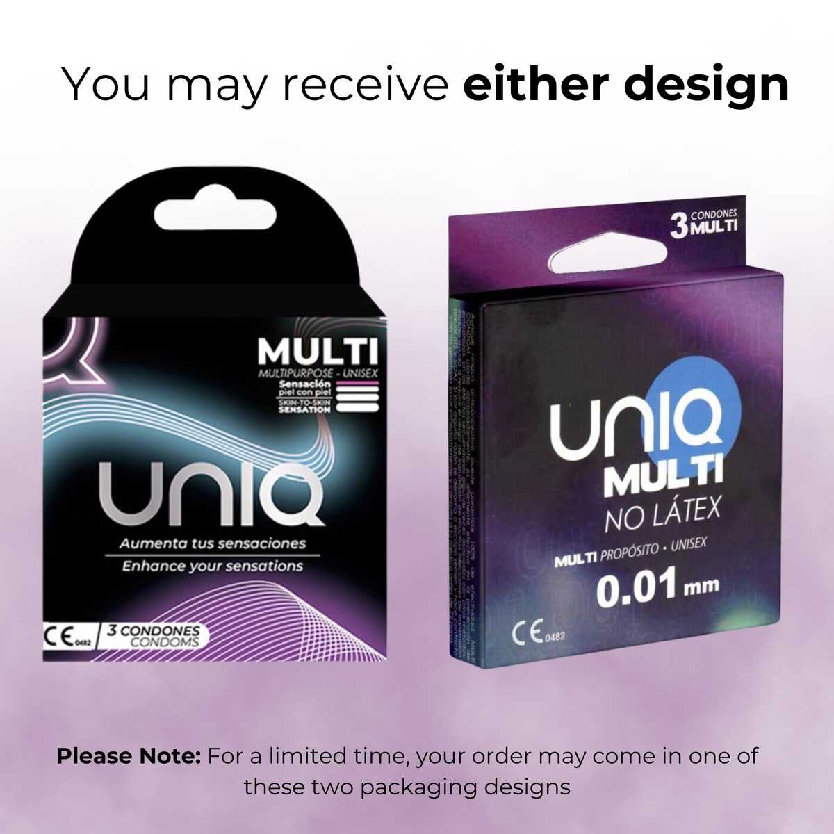 UNIQ Multi condoms packaging, two design variations, 3 pack
