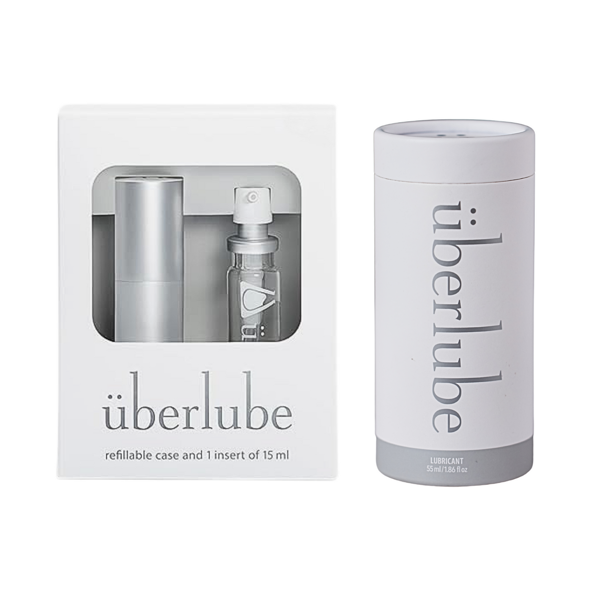 To the left, a white box showcases the Überlube refillable case and a 15ml insert, while to the right, a white cylindrical tube of 55ml Überlube lubricant stands upright. These elegant packaging options demonstrate WorldCondoms' commitment to offering discreet and high-quality personal care products. Imagen principal del producto