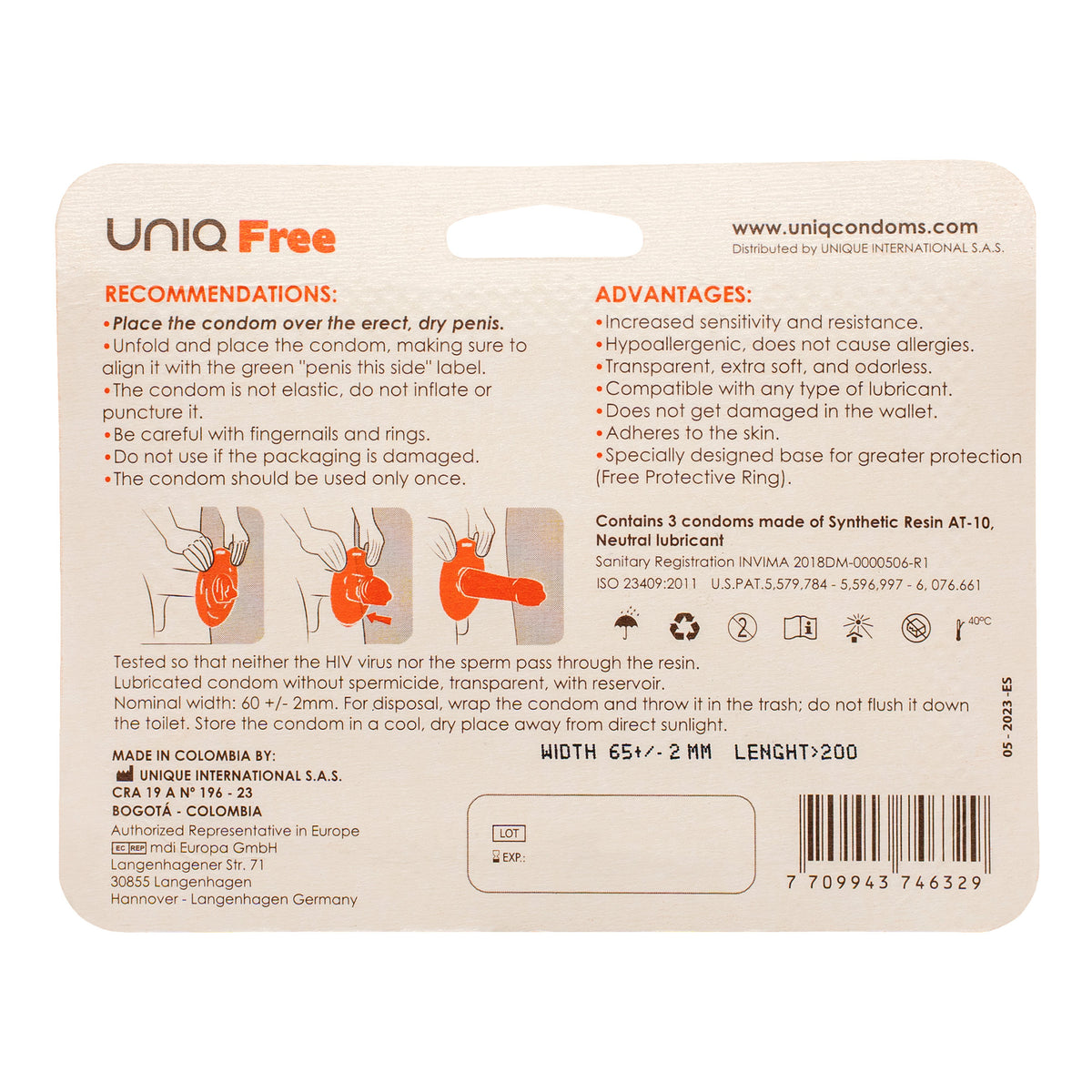 A shot of the back of a three-pack of UNIQ Free XL condoms. The packaging is red-orange and white. On the left side, under the heading "RECOMMENDATIONS:", there are three diagrams showing how to use the condom. Below the diagrams, the product's specifications and manufacturing information are listed. On the right side, under the heading "ADVANTAGES:", there's a list of product features.