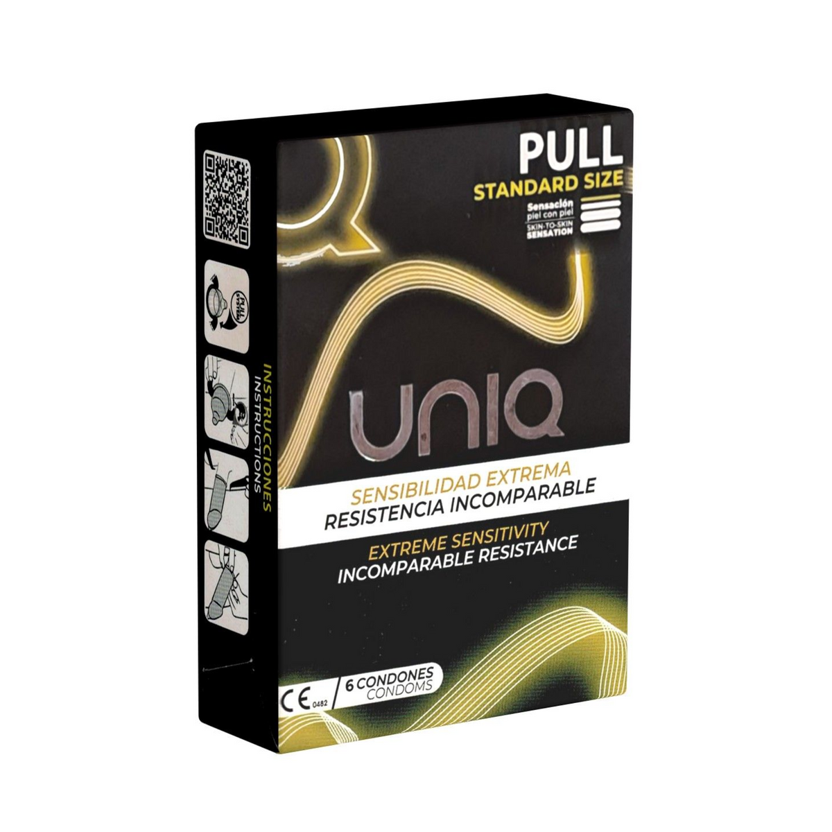 An image of a black box of Uniq Pull condoms. The box has a golden, wavy, abstract design on the front. The top of the box is labeled "PULL STANDARD SIZE". The box includes 6 condoms. 
