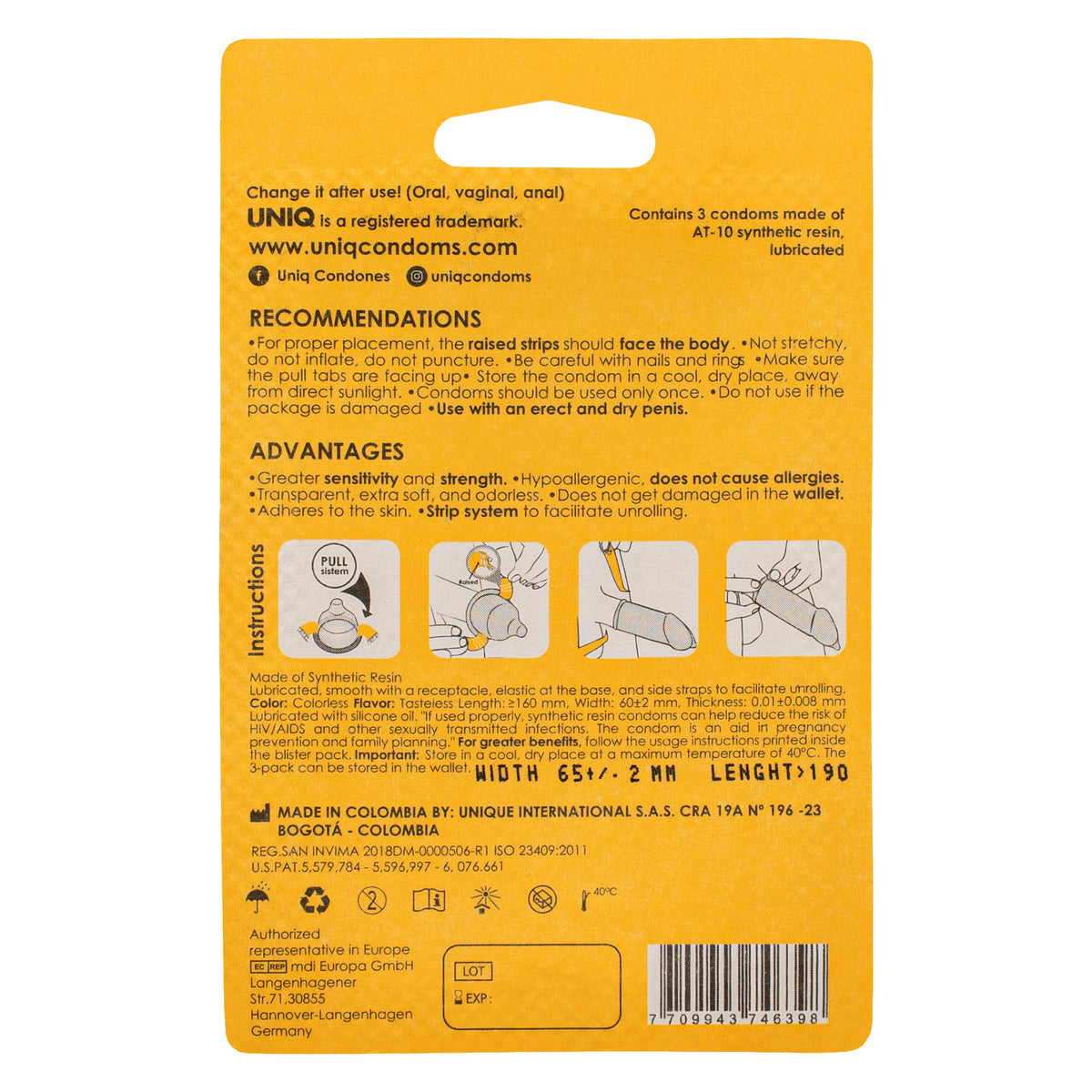 An image of the back of a three-pack of UNIQ Pull XL condoms. The packaging is yellow. The top of the packaging has the UNIQ website and social media handles. Below this, there are sections detailing "RECOMMENDATIONS," "ADVANTAGES," and "Instructions," along with small, illustrated diagrams on how to use the condom. The bottom of the packaging lists product specifications, manufacturing information, and a barcode.
