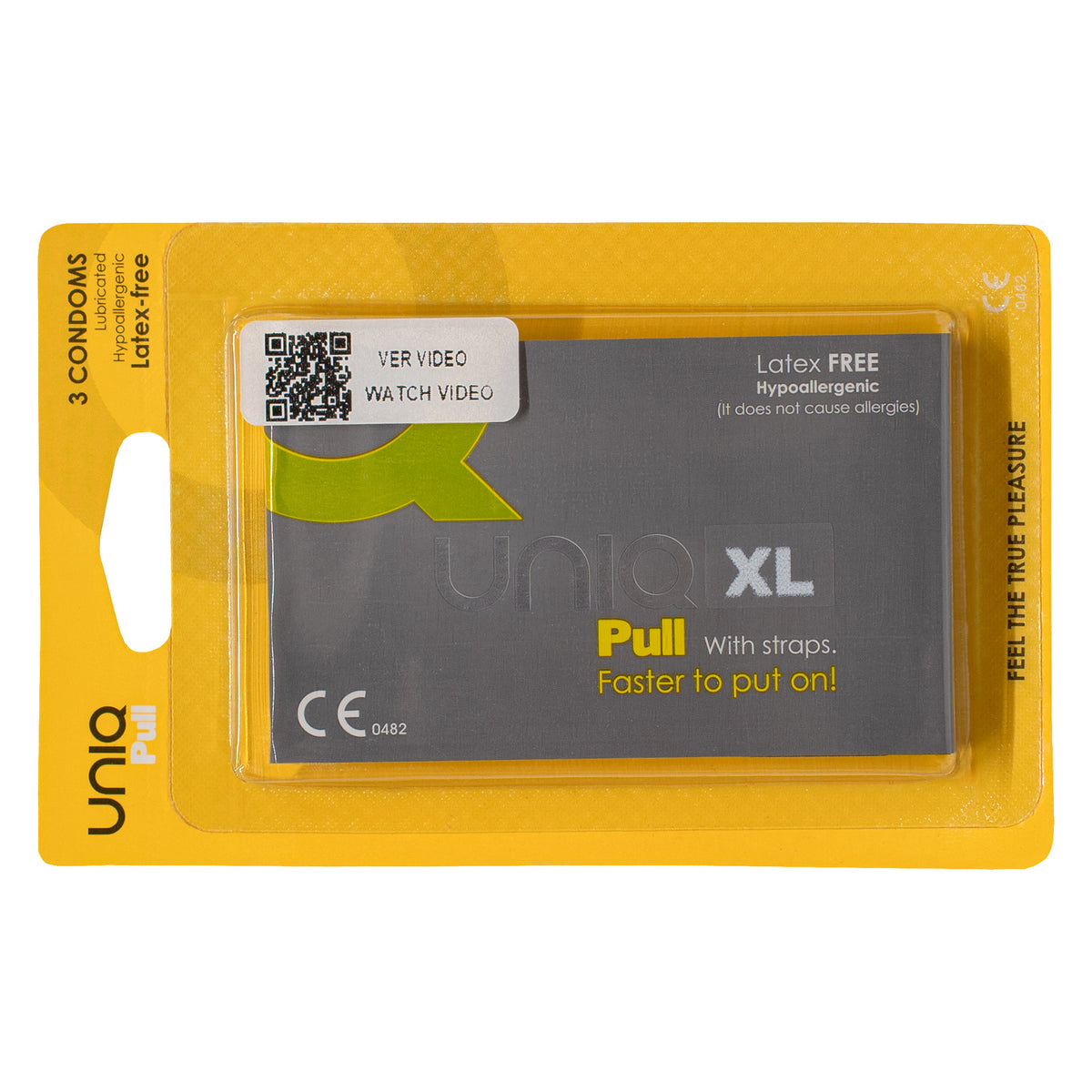 A product shot of a three-pack of UNIQ Pull XL condoms. The packaging is a yellow. The packet says "Latex FREE Hypoallergenic" and "Pull With straps. Faster to put on!".