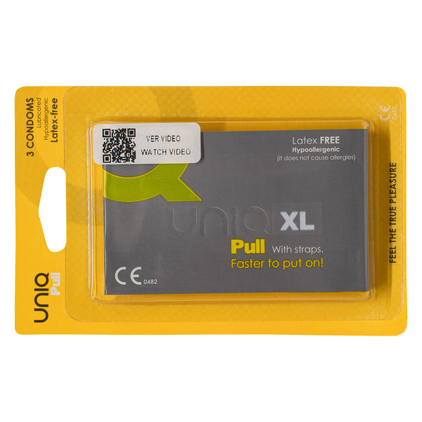 A product shot of a three-pack of UNIQ Pull XL condoms. The packaging is a yellow. The packet says "Latex FREE Hypoallergenic" and "Pull With straps. Faster to put on!".