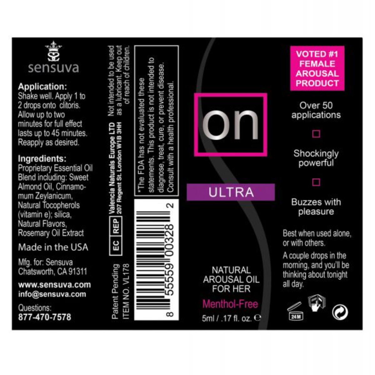 Alt Text: The flat product label for Sensuva's "ON ULTRA" Natural Arousal Oil for Her features a black background with pink and purple accents. It displays detailed sections including application instructions, ingredients, a barcode, and product highlights like "Menthol-Free" and "Voted #1 Female Arousal Product."