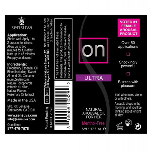 Alt Text: The flat product label for Sensuva's "ON ULTRA" Natural Arousal Oil for Her features a black background with pink and purple accents. It displays detailed sections including application instructions, ingredients, a barcode, and product highlights like "Menthol-Free" and "Voted #1 Female Arousal Product."