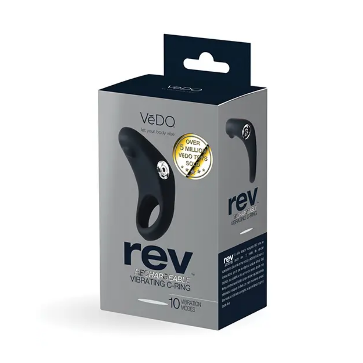 Front retail packaging view of the gray and black box for the VeDO Rev Rechargeable Vibrating C-Ring highlighting 10 vibration modes. Main image