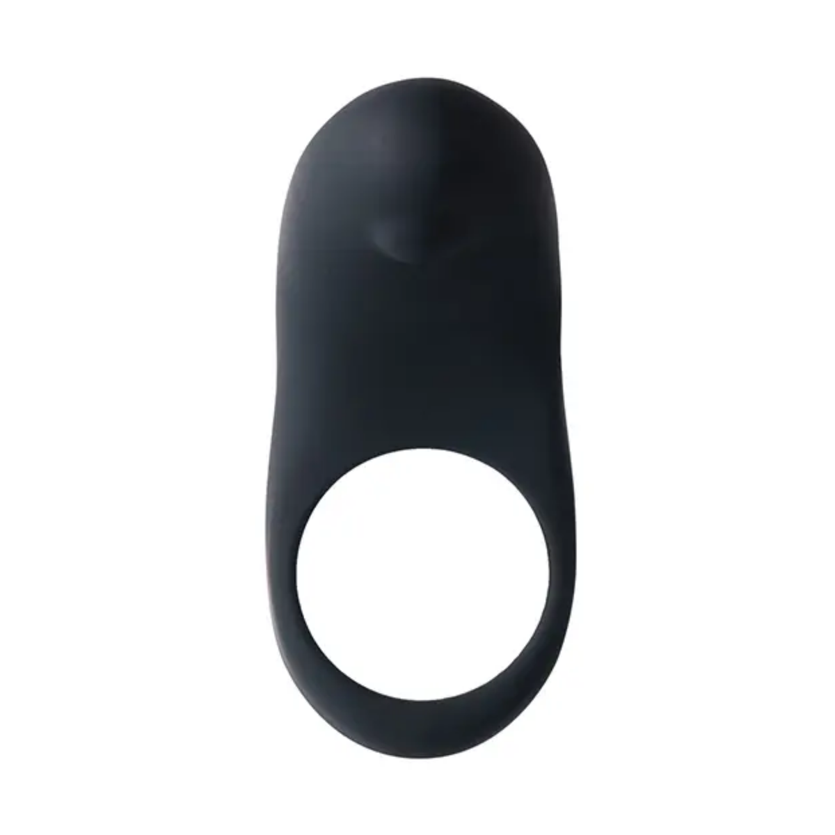 Front perspective view displaying the circular stretch ring opening and rounded top stimulation head of the black VeDO Rev c-ring.