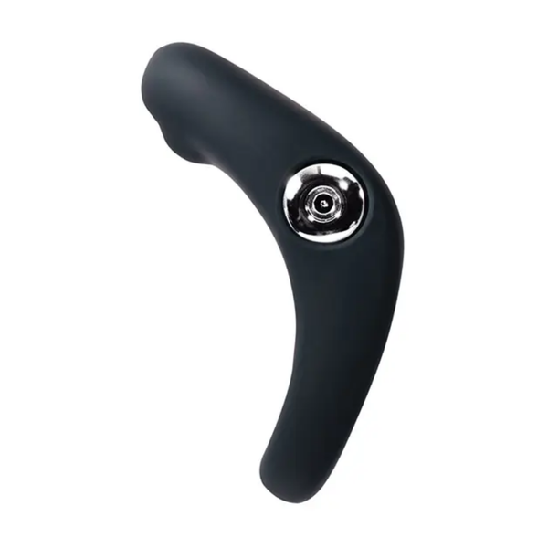Side profile studio view highlighting the sleek, curved ergonomic shape and metallic power button of the black VeDO Rev vibrating c-ring.