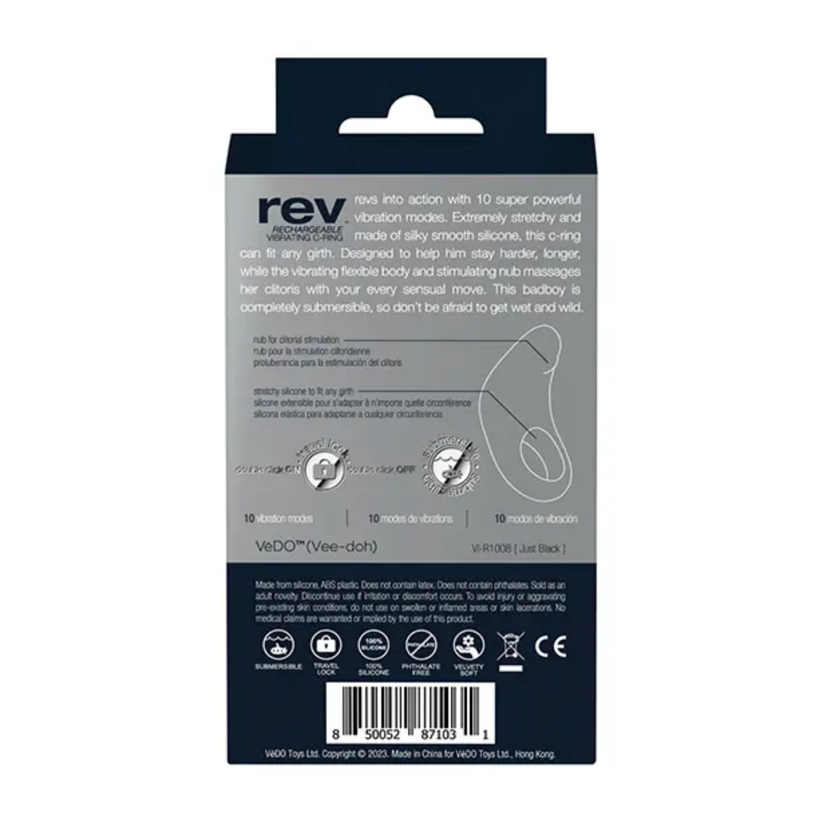 Back panel of the retail box displaying product specifications, key features, diagram callouts for clitoral stimulation and stretchy silicone, function icons, and barcode.