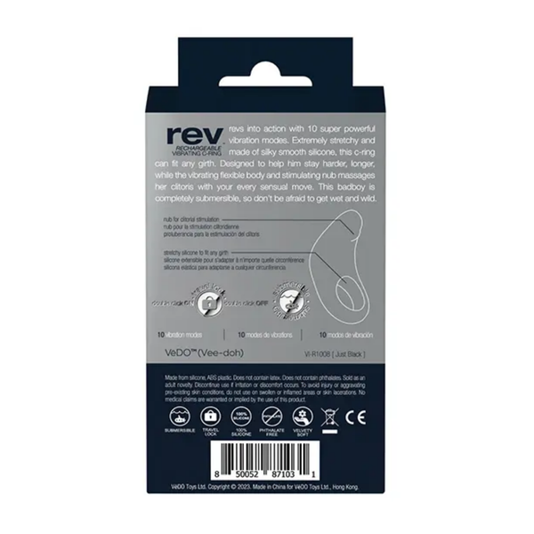 Back panel of the retail box displaying product specifications, key features, diagram callouts for clitoral stimulation and stretchy silicone, function icons, and barcode.