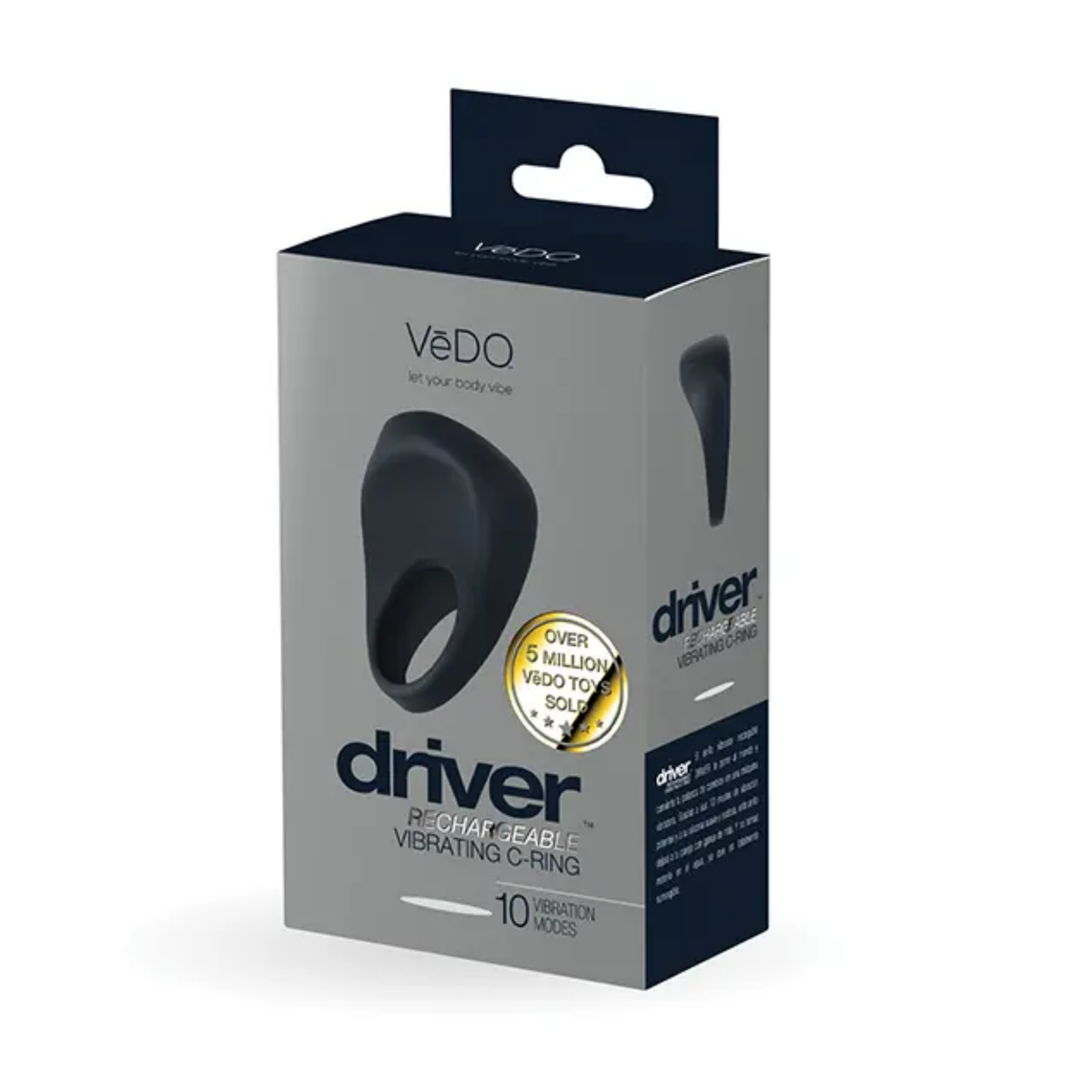 Front packaging view of the gray and black retail box for the VeDO Driver Rechargeable Vibrating C-Ring highlighting 10 vibration modes. Main image