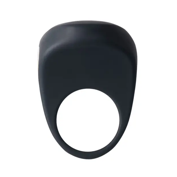 Front perspective view showing the circular opening and smooth, wide clitoral stimulator head of the black VeDO Driver c-ring.