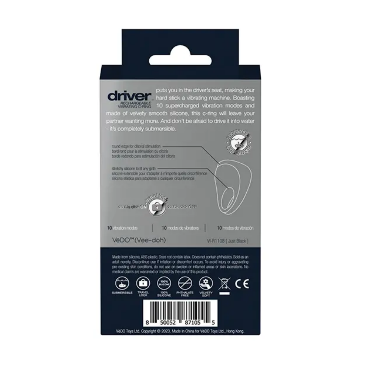 Back panel of the box displaying product features, a diagram callout of the rounded stimulation edge and stretchy silicone, key feature icons, and barcode.