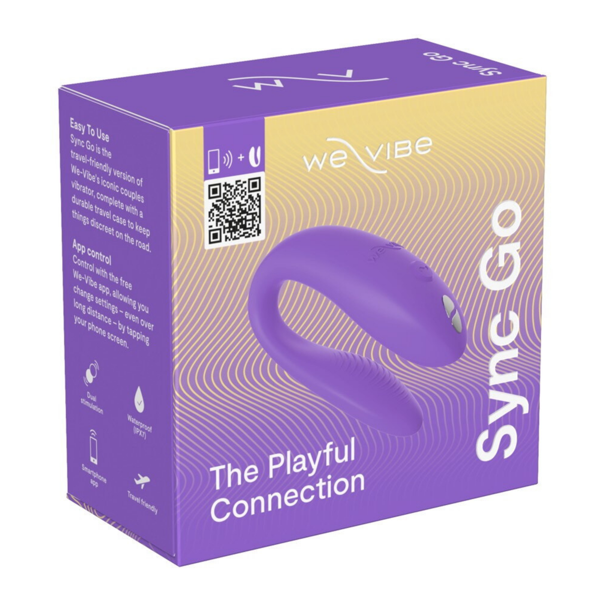 Retail box packaging for the We-Vibe Sync Go "The Playful Connection" app-controlled couples massager. Main image
