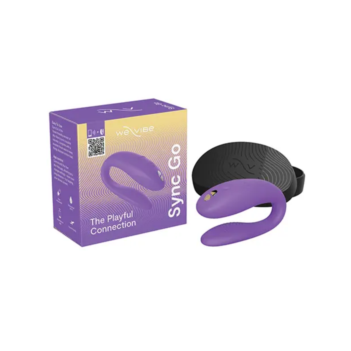 Unboxing set photo showing the light purple We-Vibe Sync Go massager resting in front of its black travel case and retail box.