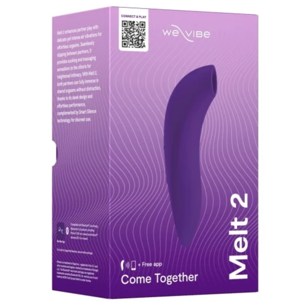 Front packaging shot of the purple retail box for the We-Vibe Melt 2 Pleasure Air Clitoral Stimulator.