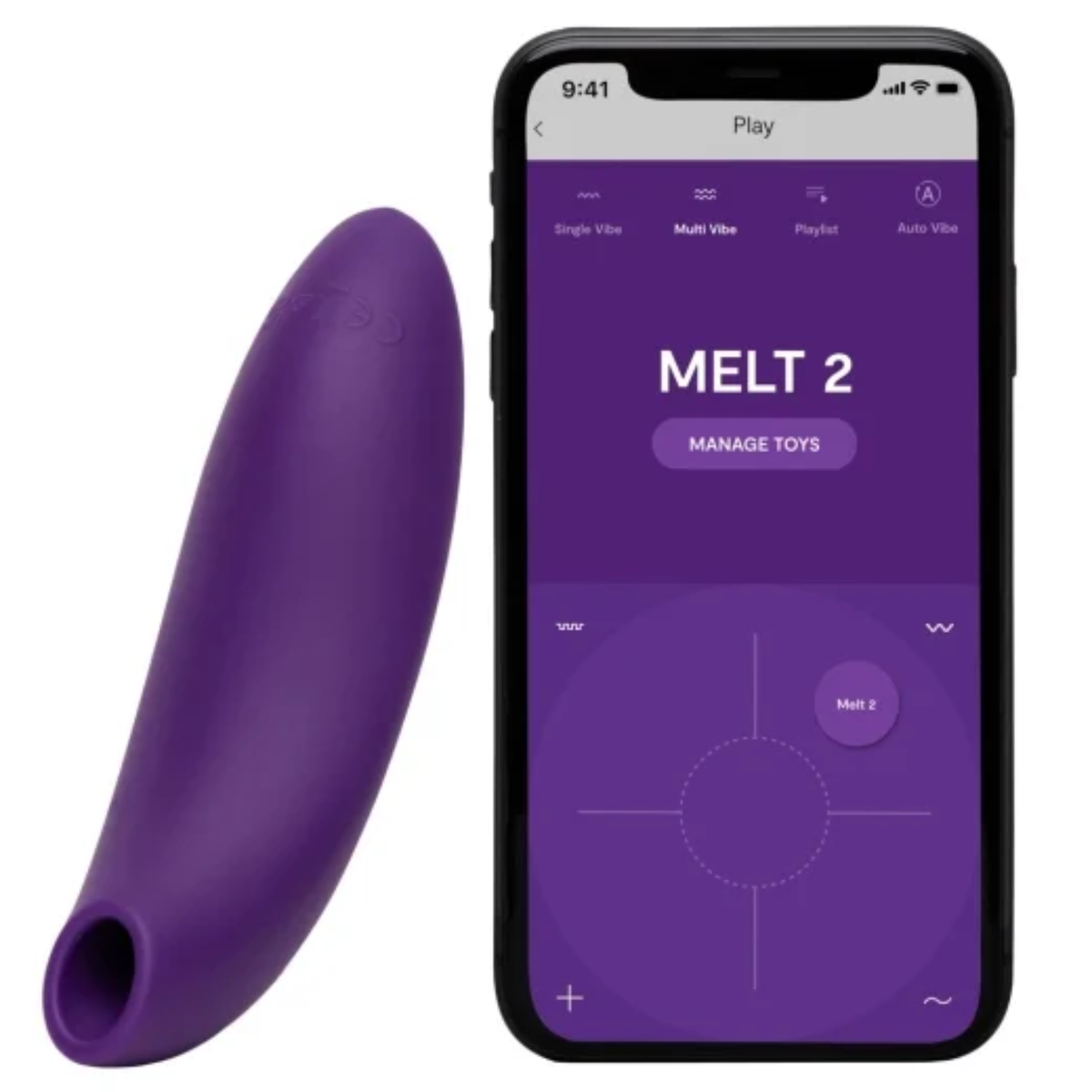 Product display shot showing the curved purple We-Vibe Melt 2 massager beside a smartphone running the We-Vibe control app.