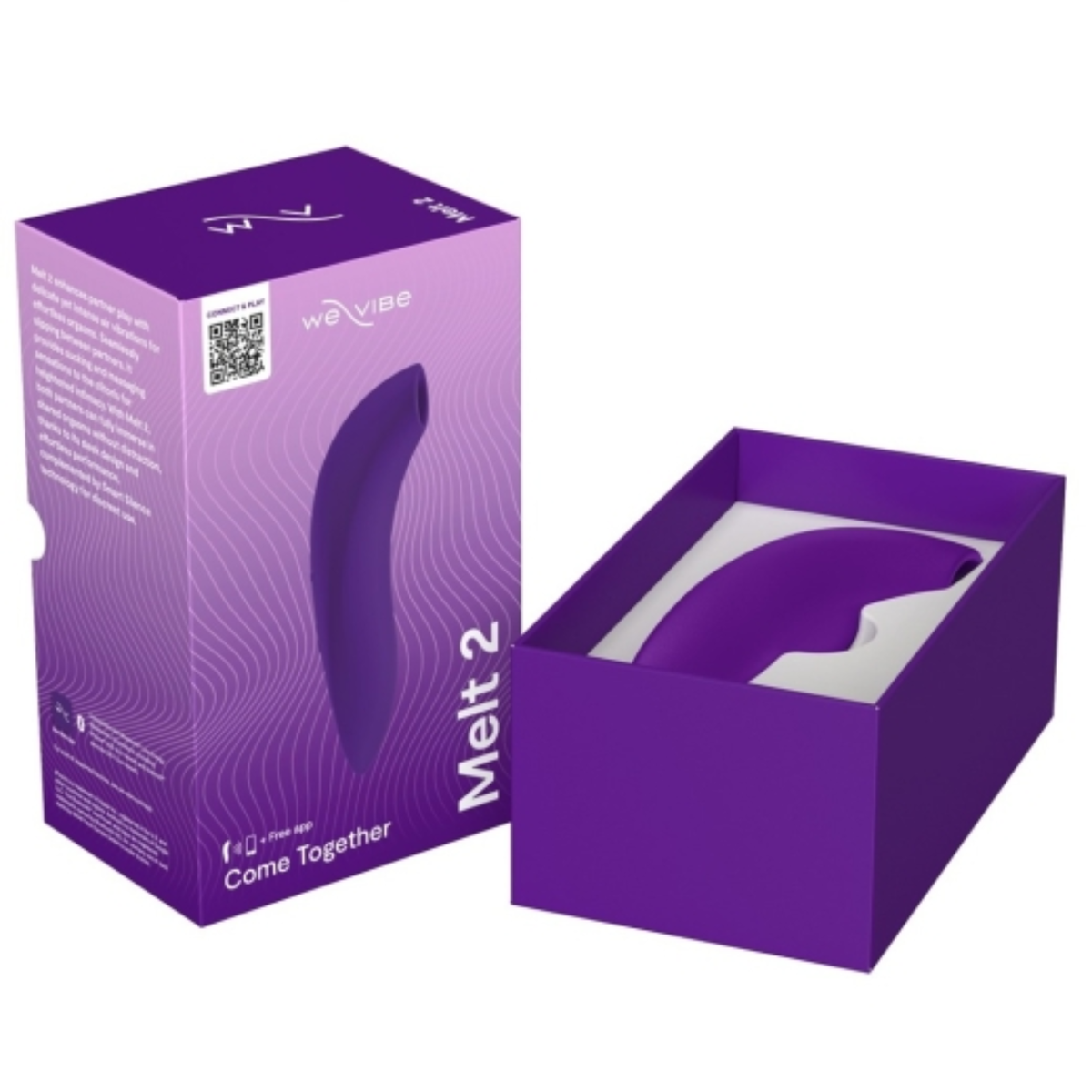 Unboxing photo showing the purple We-Vibe Melt 2 massager nestled in the open box tray alongside its outer retail box.