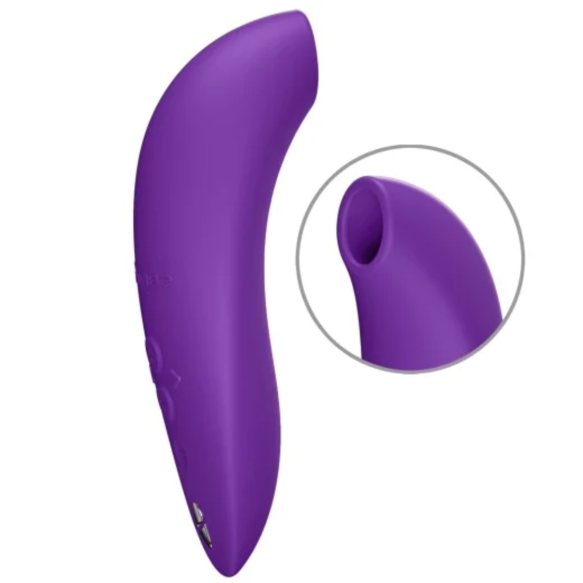 Side profile view of the purple We-Vibe Melt 2 massager, featuring a circular inset close-up of its soft clitoral suction nozzle.