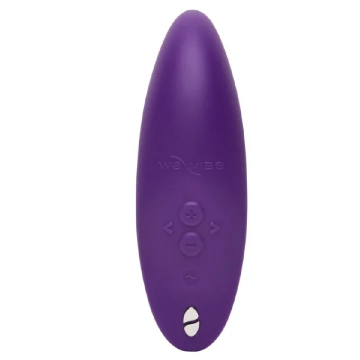 Flat back-view shot of the purple We-Vibe Melt 2 massager, detailing the control buttons (+, -, arrow, wave) and magnetic charging contacts.