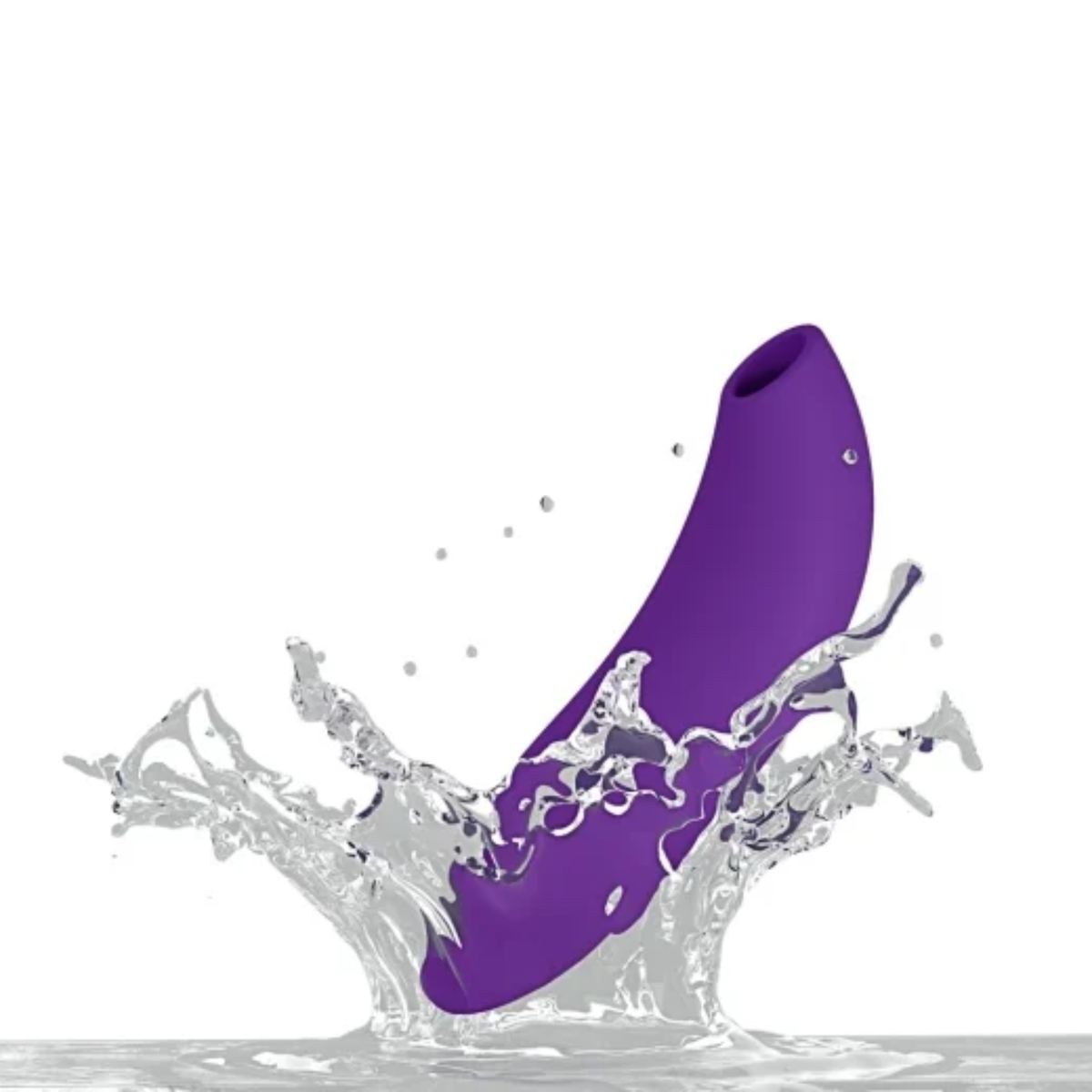 Action product shot showing the purple We-Vibe Melt 2 massager splashing into clear water to demonstrate its IPX7 waterproof rating.