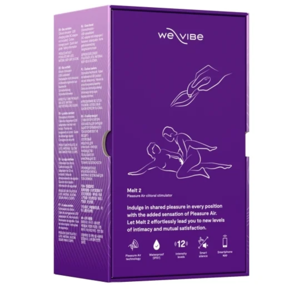 Back panel of the purple retail box detailing key features (Pleasure Air technology, IPX7 Waterproof, 12 Intensity levels, Smart silence, Smartphone app) and line art illustrations of partner play positions.