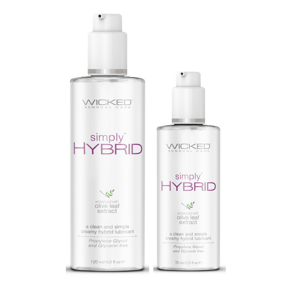 Wicked Sensual Care Simply Hybrid Bottles, Enhanced with Olive Leaf Extract a clean and simple creamy hybrid lubricant propylene glycol and glycerin free.