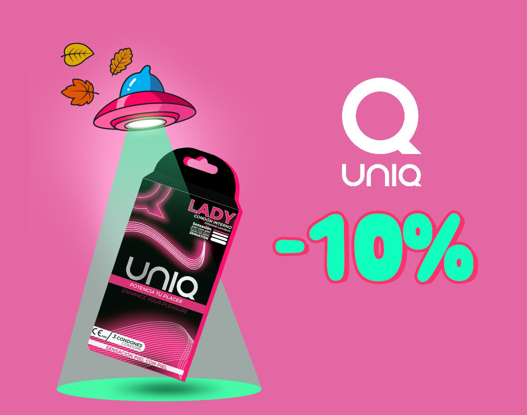 A promotional graphic for the Uniq brand showing a boxed adult product on a pink background with a UFO shining a beam onto the package and large text reading -10% with the Uniq logo.