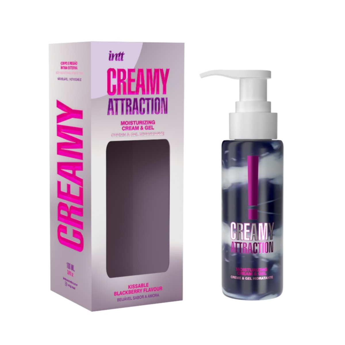 intt Creamy Attraction Cream Blackberry bottle next to its box.