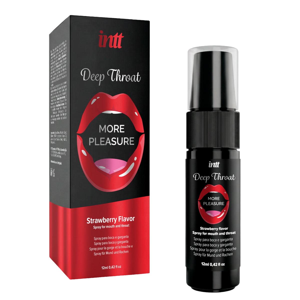 A clean, product-focused shot of the black and red intt Deep Throat Strawberry Oral Spray packaging box alongside the 12 ml black spray bottle, presented on a plain white background. Main image
