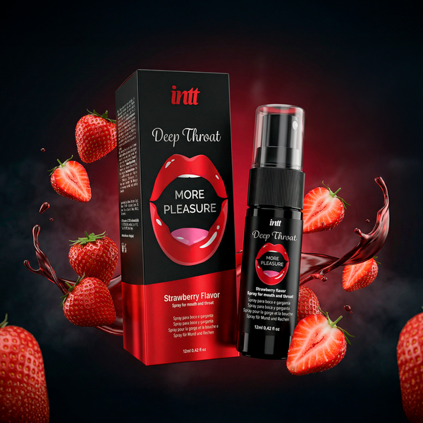 A stylized marketing image showing the black product box and a small black spray bottle of "Intt Deep Throat More Pleasure" oral spray. They are floating against a dark background dramatically surrounded by fresh strawberries and splashes of red liquid.