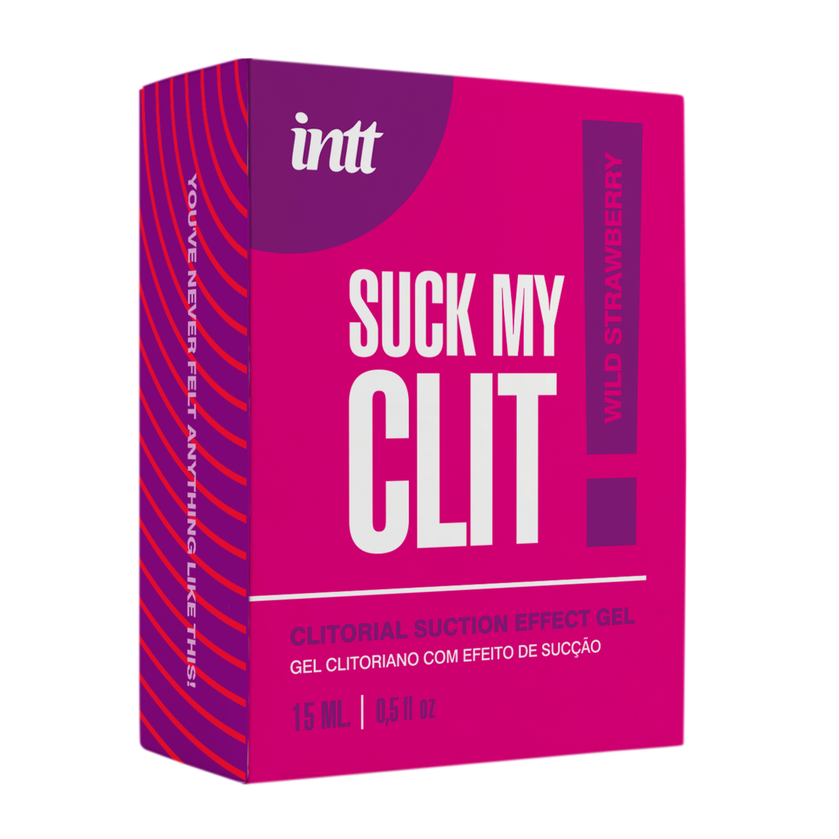 A close-up shot of a hot pink and purple product box for "Intt Suck My Clit" clitoral suction effect gel. The box features bold white lettering and indicates a "Wild Strawberry" flavor and a volume of 15 ml. Main image