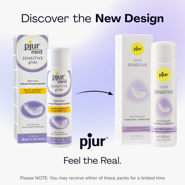 Two packaging designs for pjur med SENSITIVE glide, showing the old and new versions.