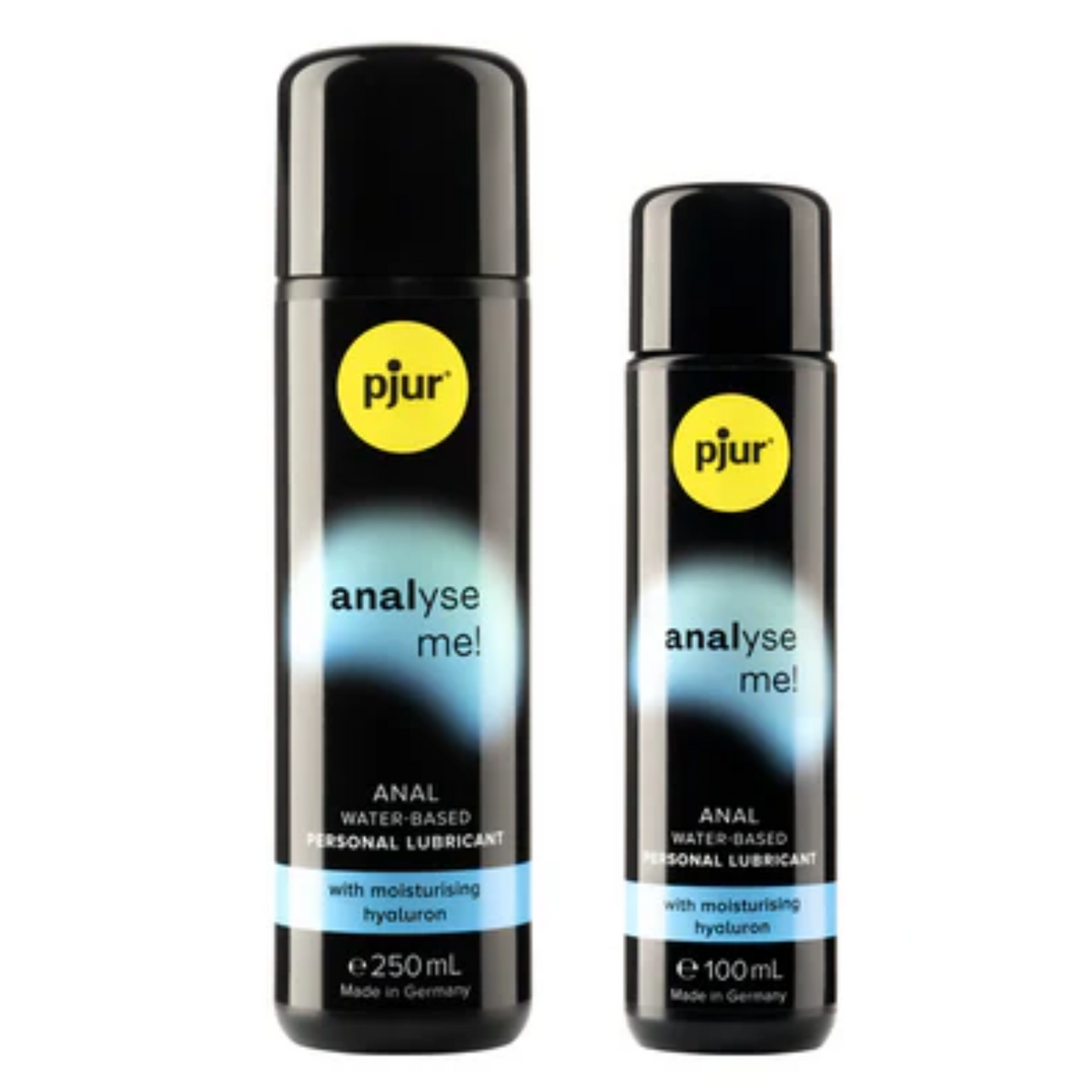 A black bottles of pjur analyse me! anal water-based personal lubricants with a yellow logo and teal accents on a white background. Main image