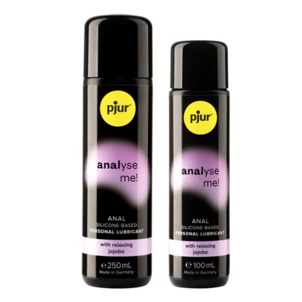 Two bottles of pjur Analysme Me! lubricant on a white background