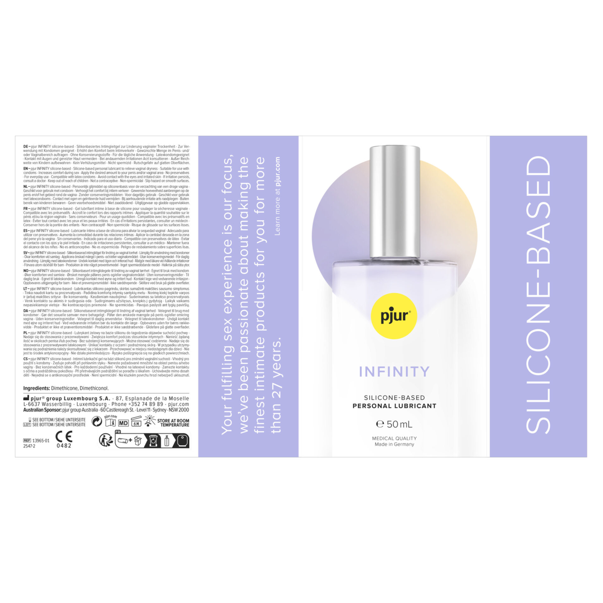 A product shot of pjur Infinity Silicone-Based Personal Lubricant, 50ml. The image is divided, showing the semi-transparent bottle with a silver cap on the right, and on the left, an informational block in multiple languages.
