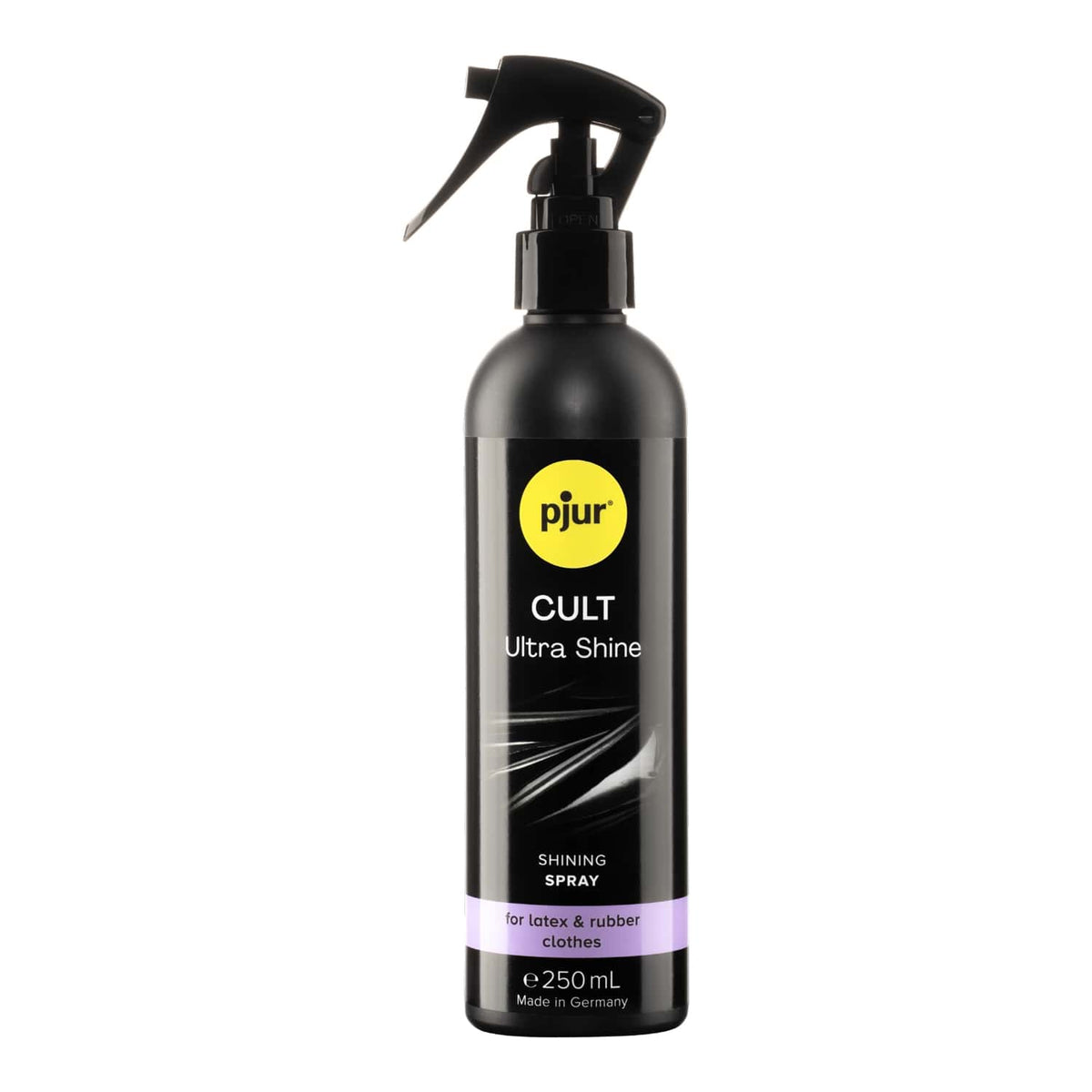A black spray bottle of Pjur Cult Ultra Shine is presented against a white background. Main image