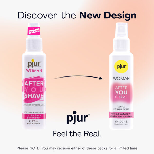 Two Pjur Woman After you shave spray bottles showing a design evolution.
